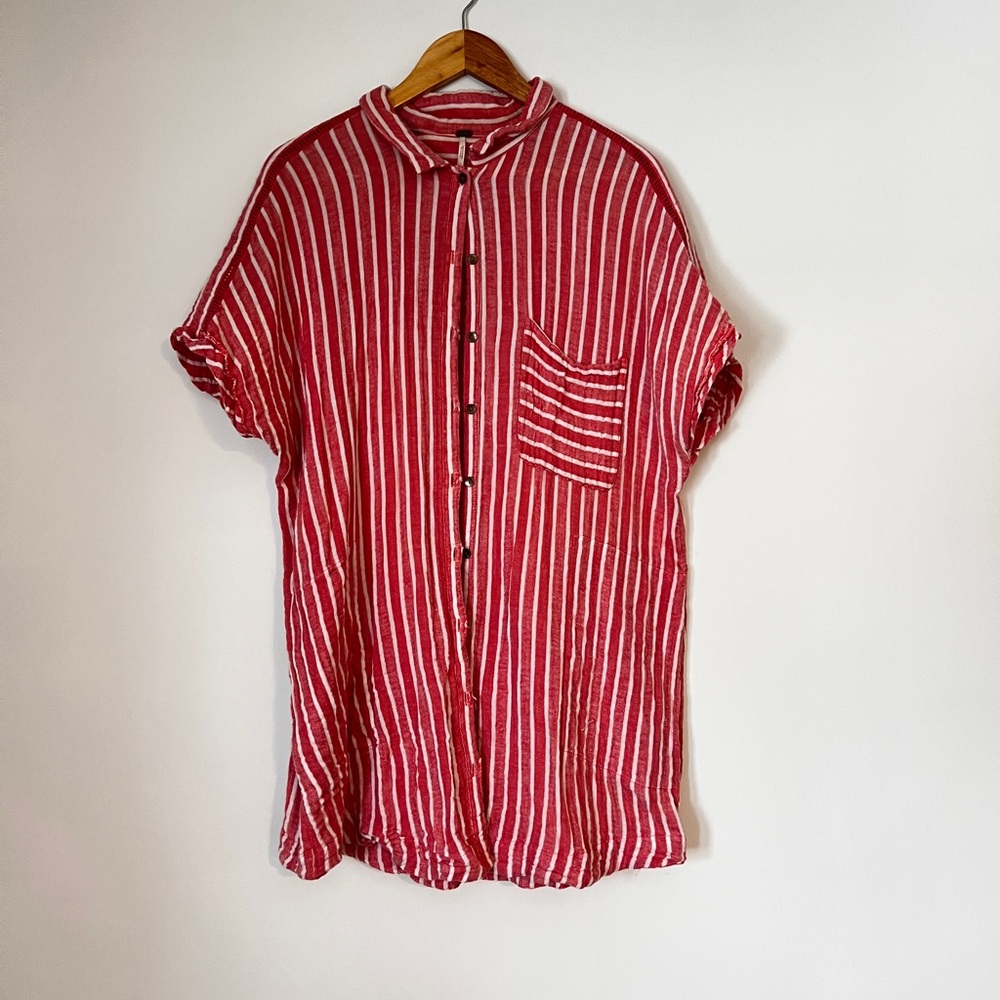 Free People Striped Short Sleeve Button-Up Cover-Up/Dress with Pockets, sz. L